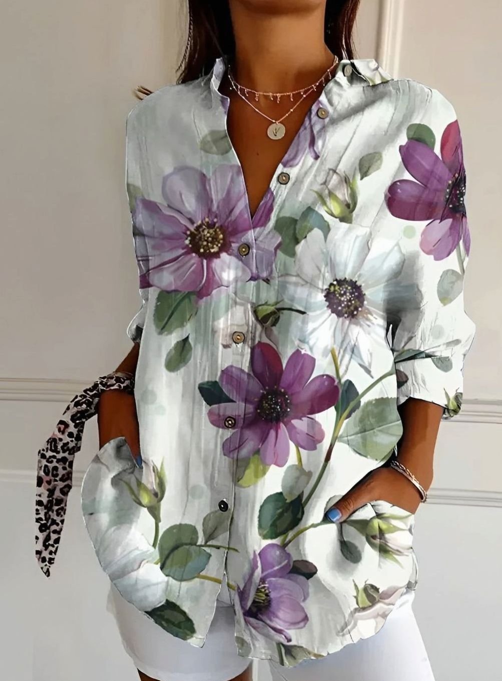 Women's Floral Print Relaxed Button-Down Long Sleeve Blouse - Purple Floral