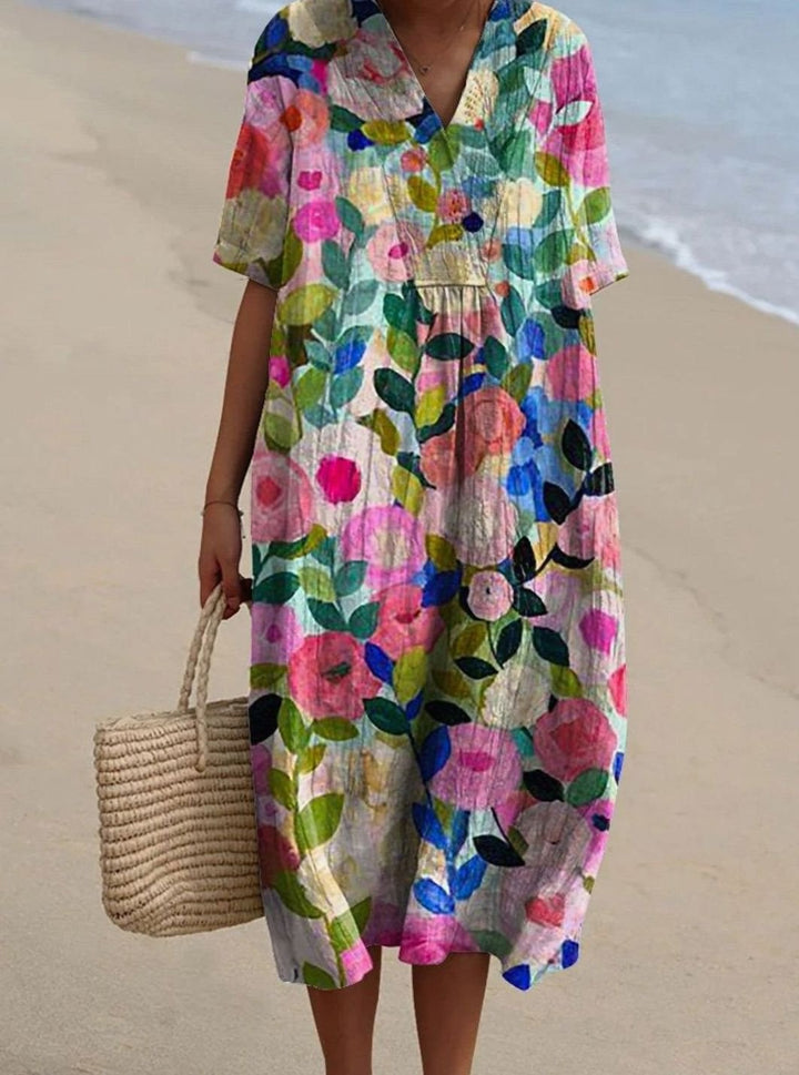 Women's Floral Print V-Neck Short-Sleeve Midi Dress - Dark Pink