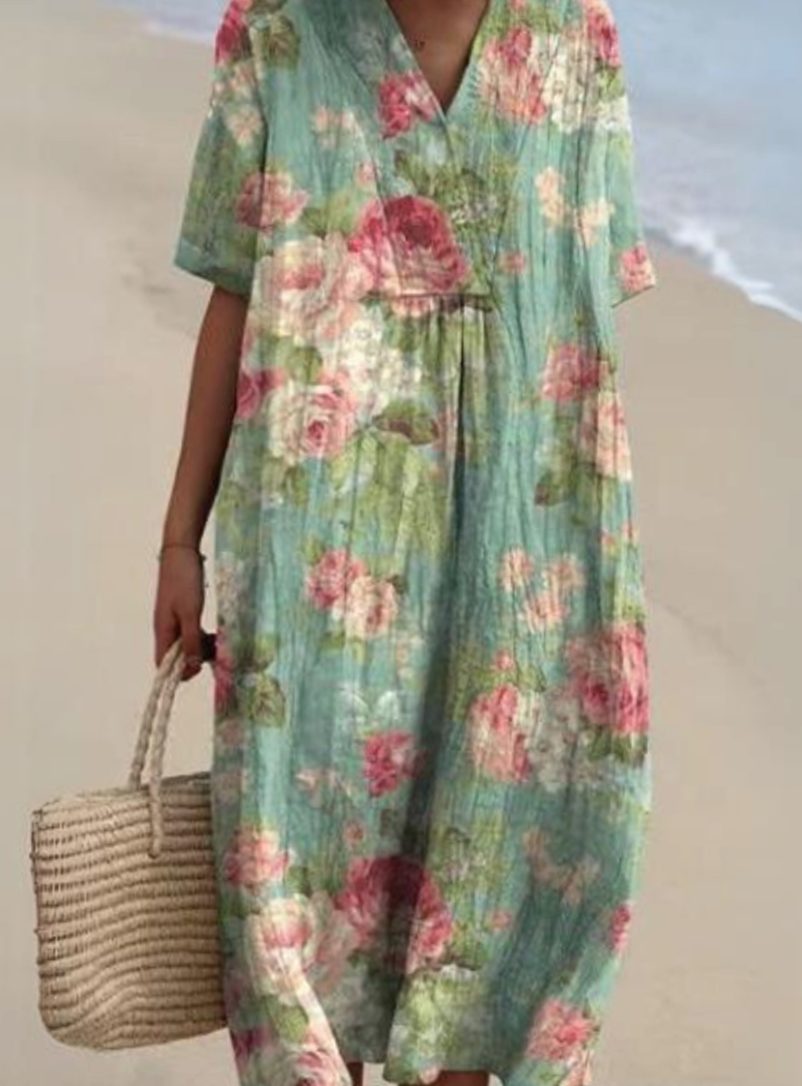 Women's Floral Print V-Neck Short-Sleeve Midi Dress - Mint Green