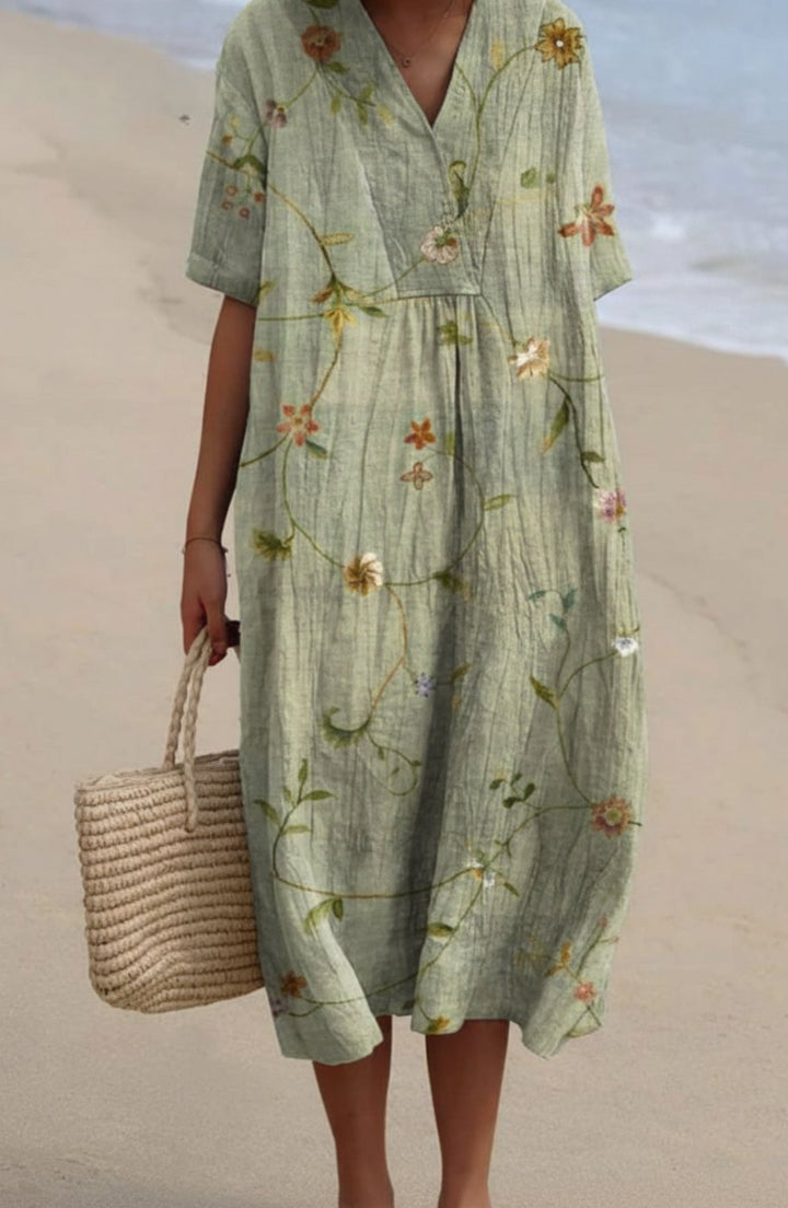 Women's Floral Print V-Neck Short-Sleeve Midi Dress - Army Green