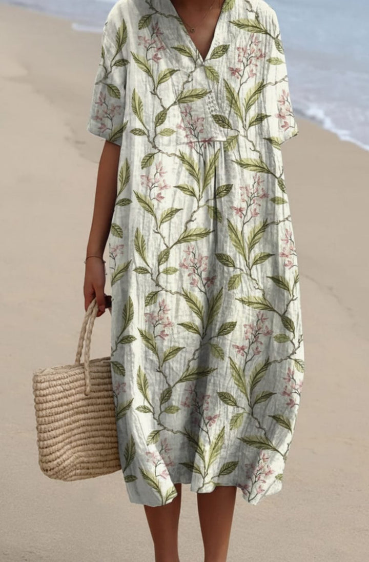 Women's Floral Print V-Neck Short-Sleeve Midi Dress - Light Green