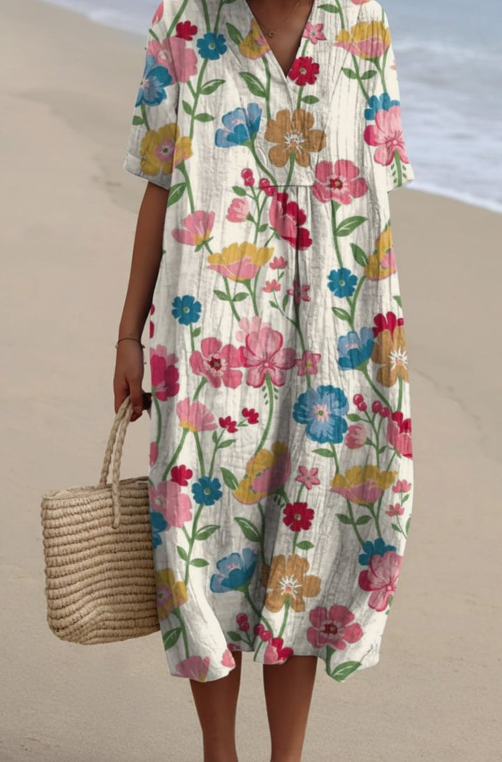 Women's Floral Print V-Neck Short-Sleeve Midi Dress - Red