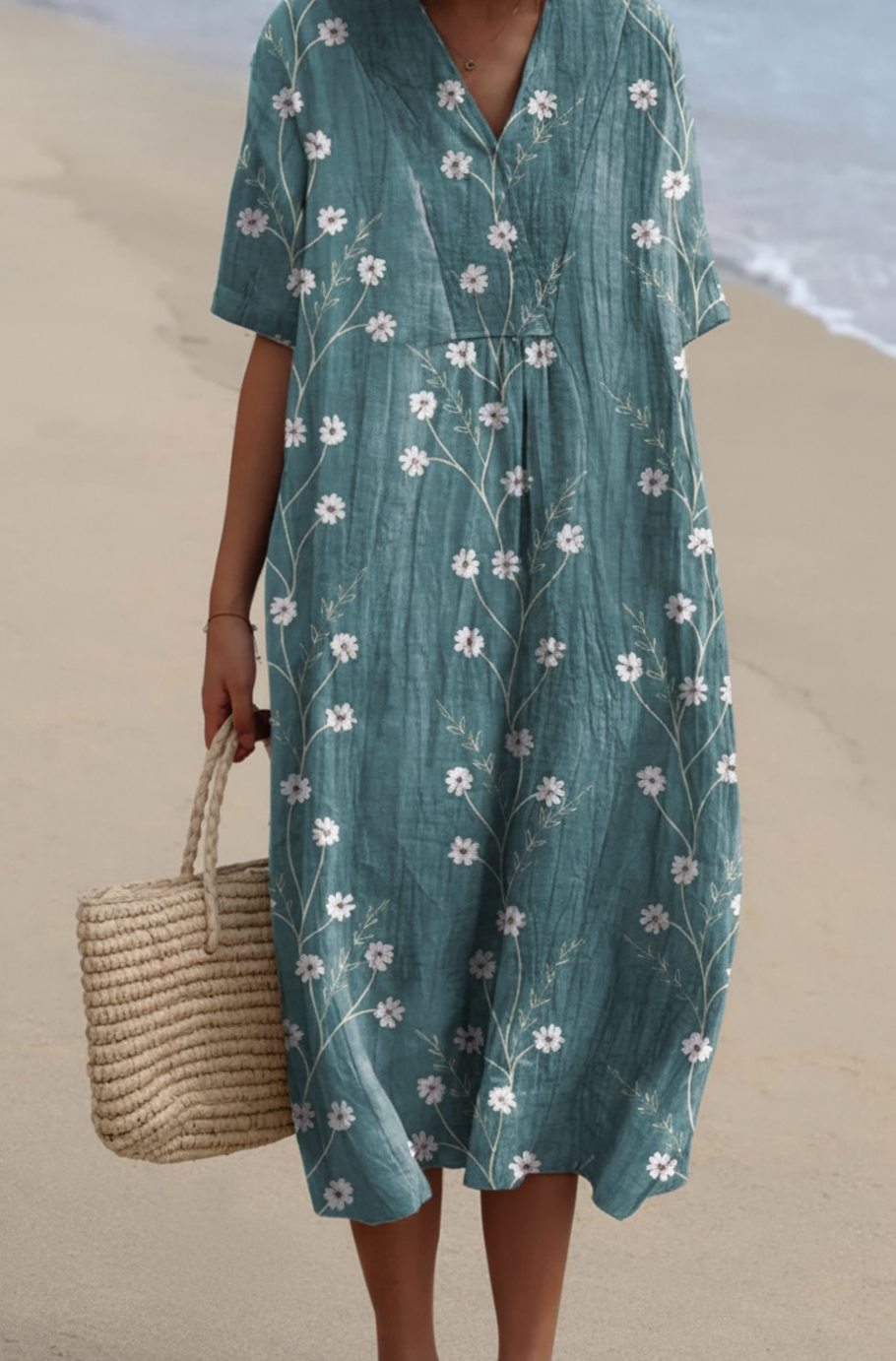 Women's Floral Print V-Neck Short-Sleeve Midi Dress - Blue