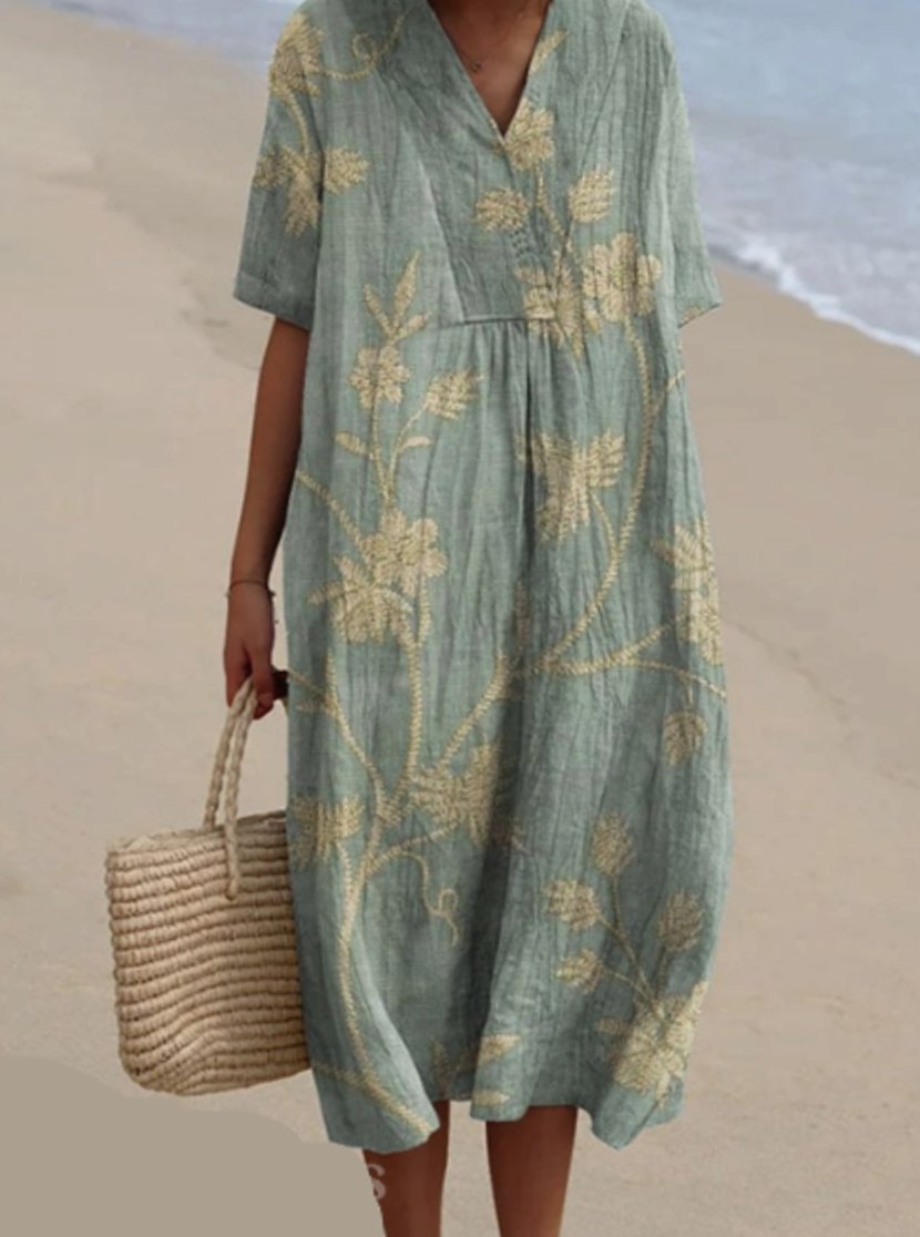 Women's Floral Print V-Neck Short-Sleeve Midi Dress - Turquoise