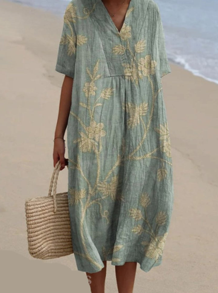 Women's Floral Print V-Neck Short-Sleeve Midi Dress - Turquoise