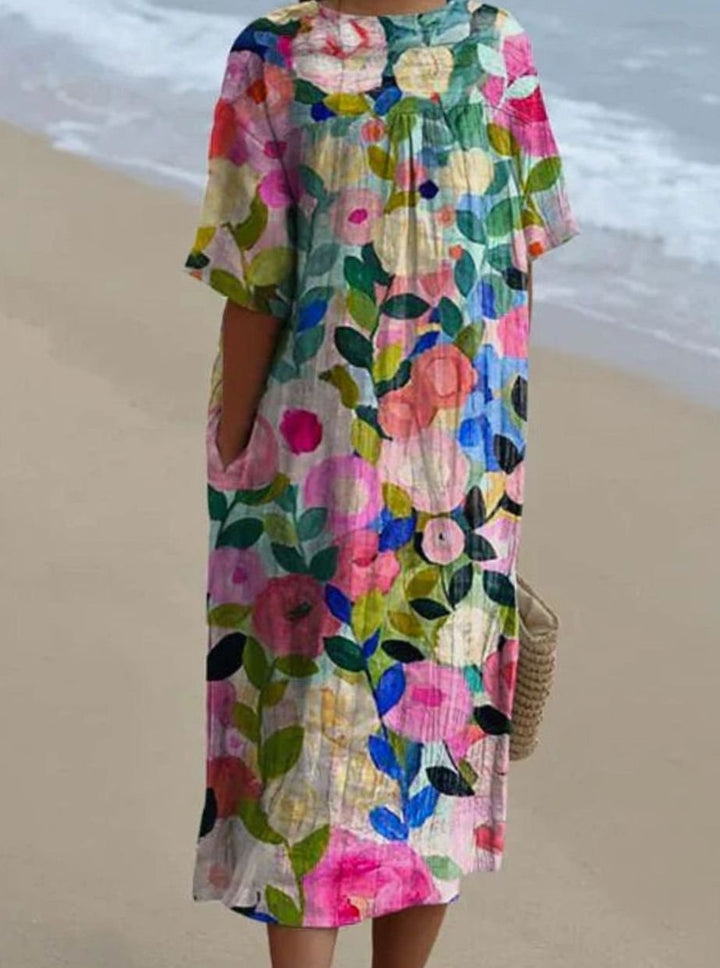 Women's Floral Print V-Neck Short-Sleeve Midi Dress