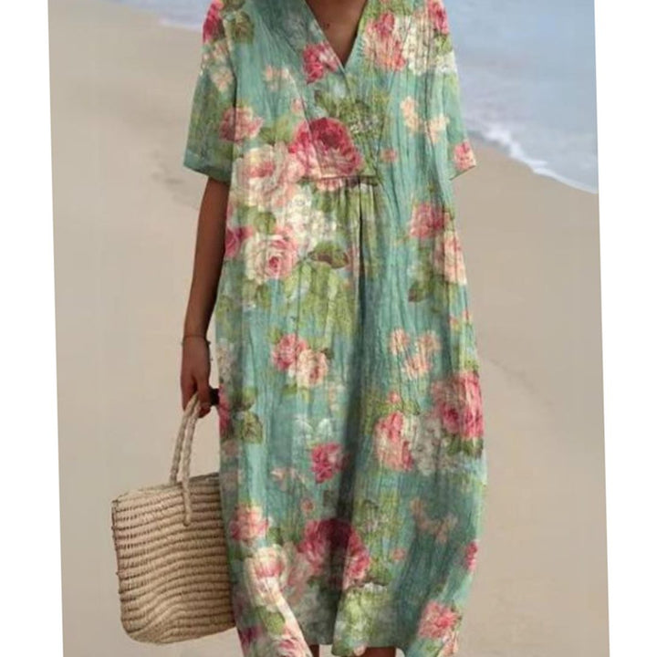 Women's Floral Print V-Neck Short-Sleeve Midi Dress