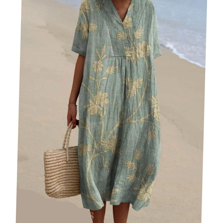 Women's Floral Print V-Neck Short-Sleeve Midi Dress