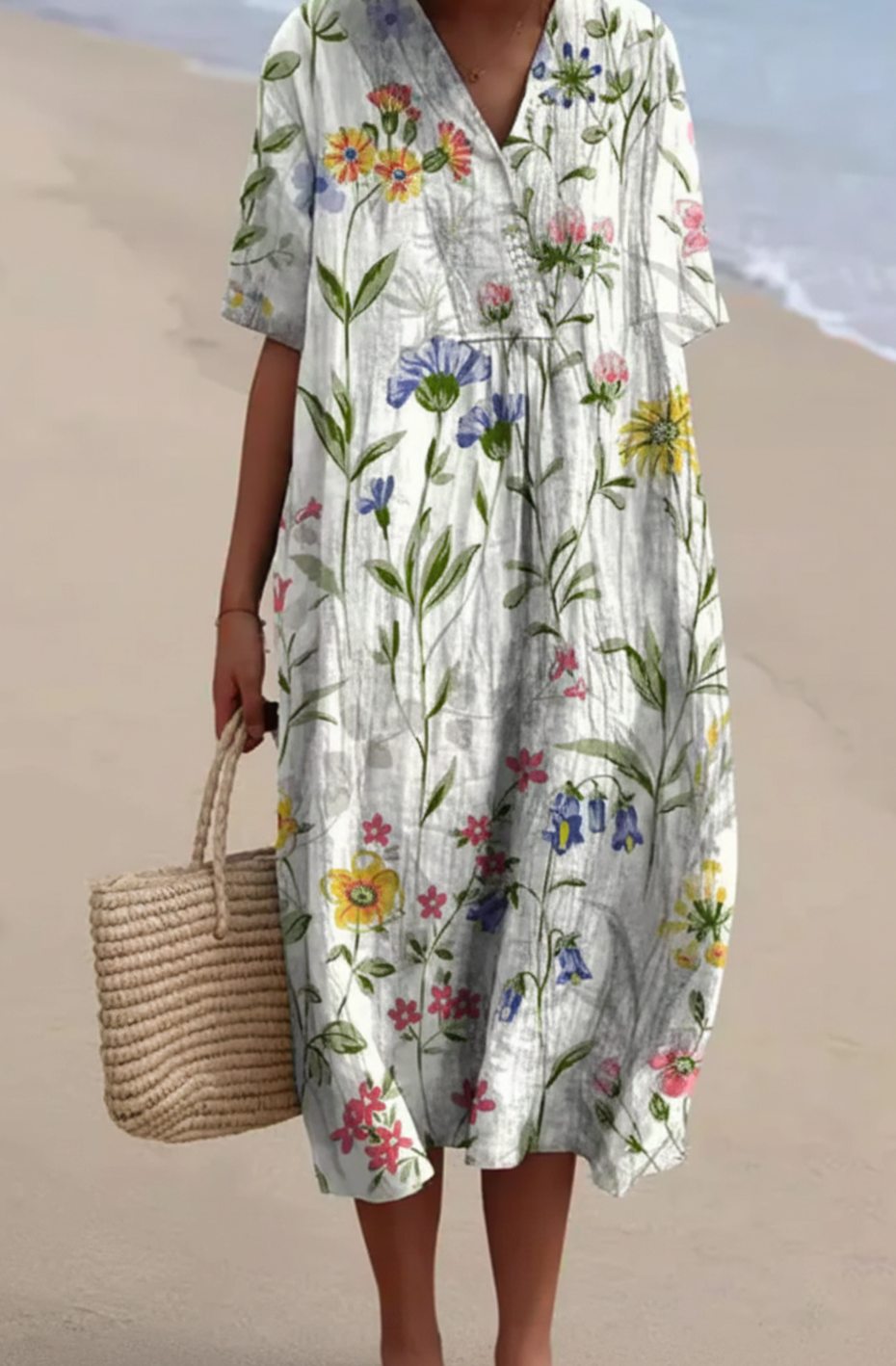 Women's Floral Print V-Neck Short-Sleeve Midi Dress - White