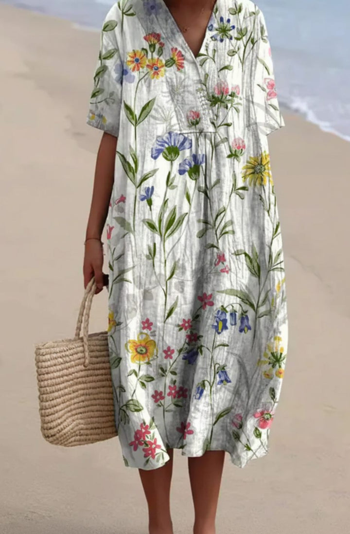 Women's Floral Print V-Neck Short-Sleeve Midi Dress - White