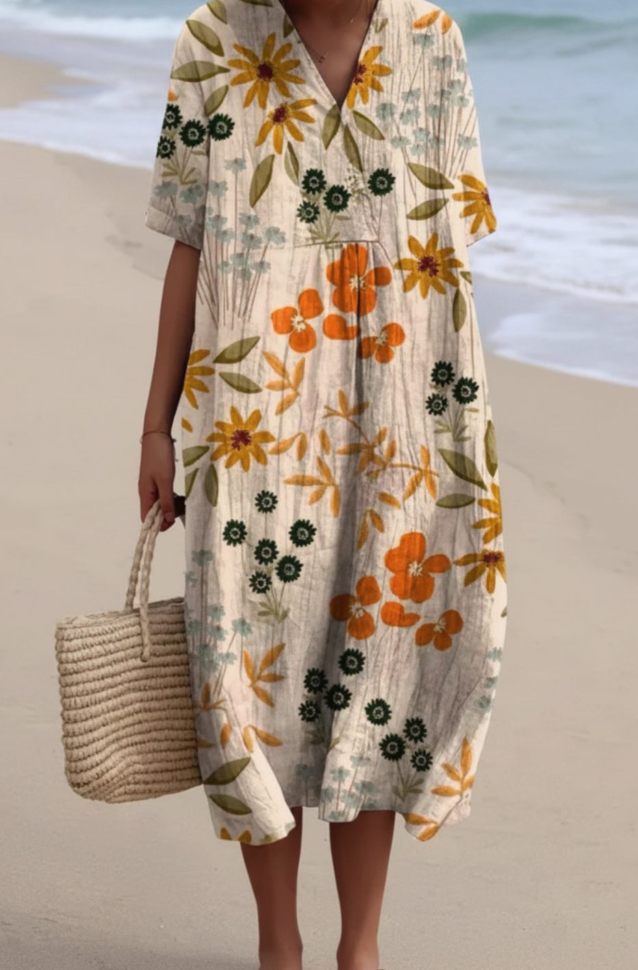 Women's Floral Print V-Neck Short-Sleeve Midi Dress - Beige