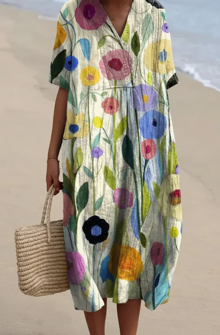 Women's Floral Print V-Neck Short-Sleeve Midi Dress - Green