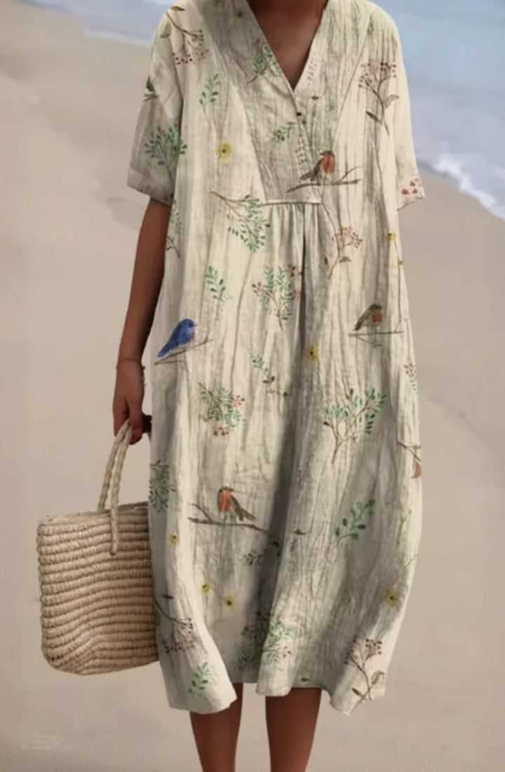 Women's Floral Print V-Neck Short-Sleeve Midi Dress - Khaki