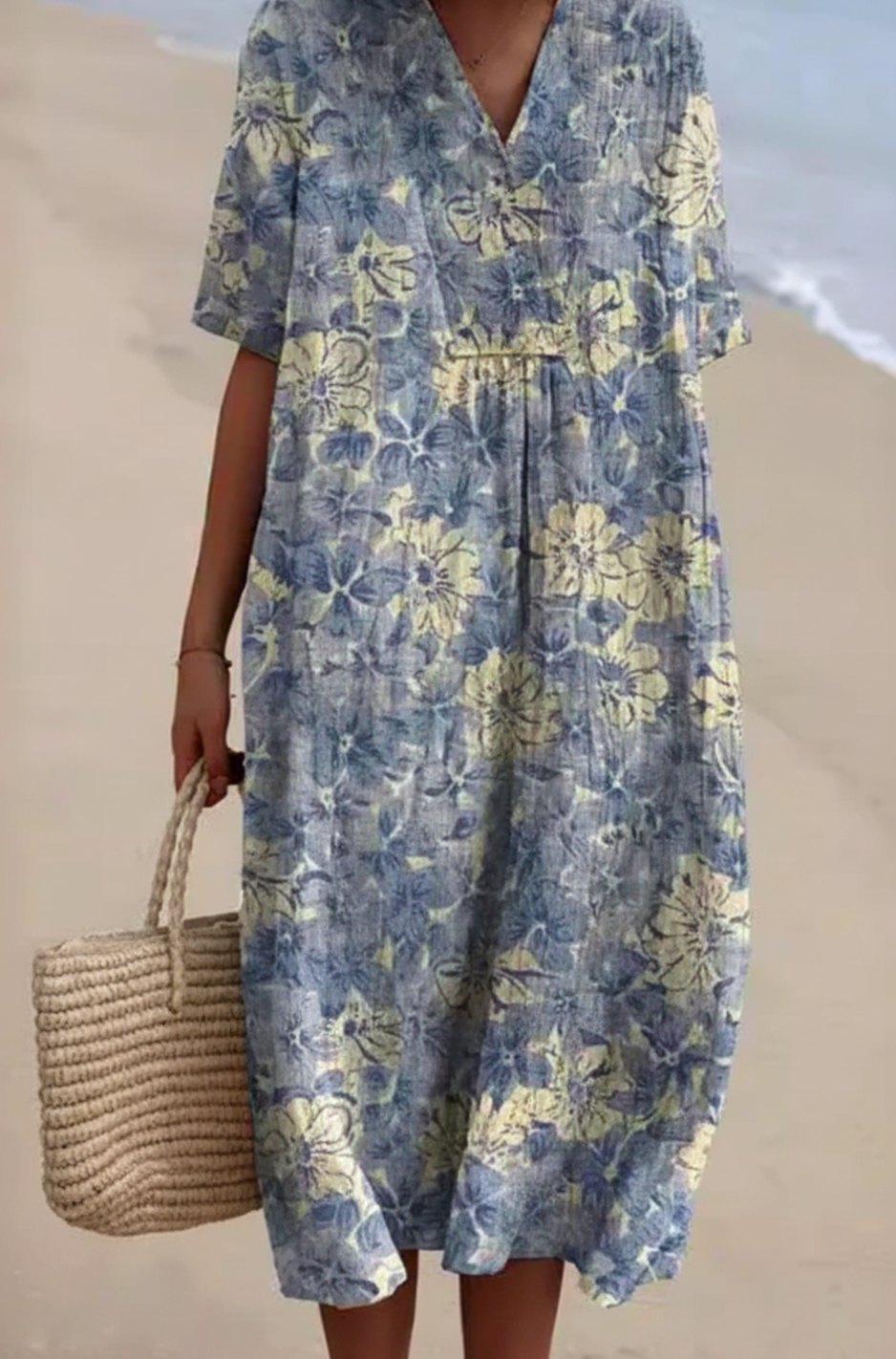 Women's Floral Print V-Neck Short-Sleeve Midi Dress - Floral Blue