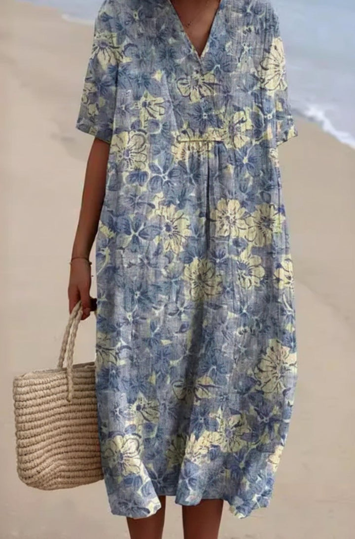 Women's Floral Print V-Neck Short-Sleeve Midi Dress - Floral Blue