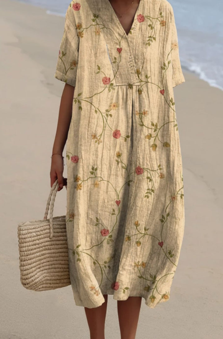 Women's Floral Print V-Neck Short-Sleeve Midi Dress - Yellow