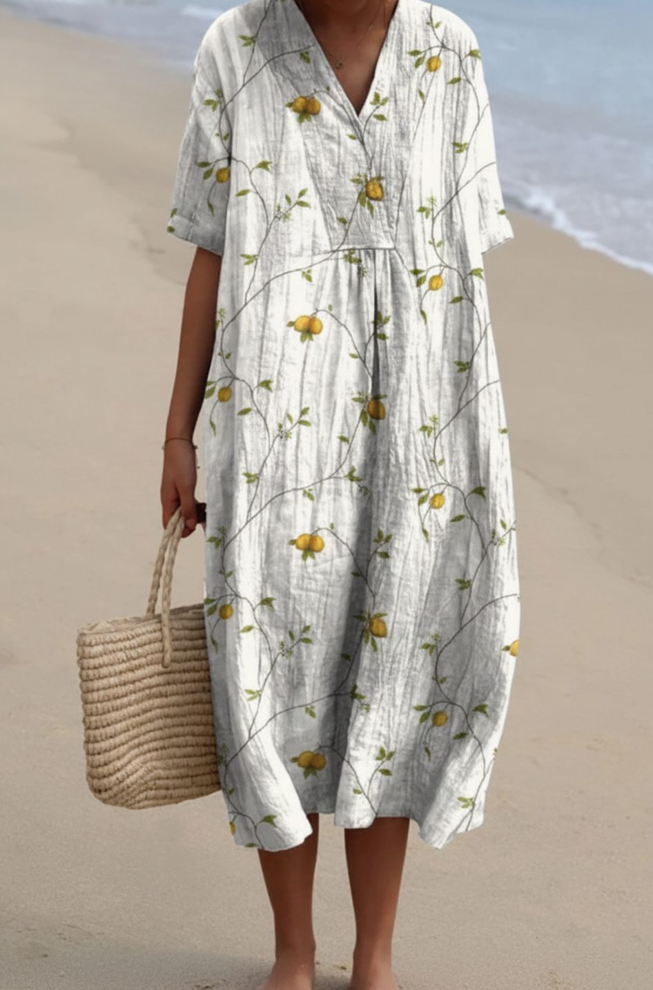 Women's Floral Print V-Neck Short-Sleeve Midi Dress - Beige White