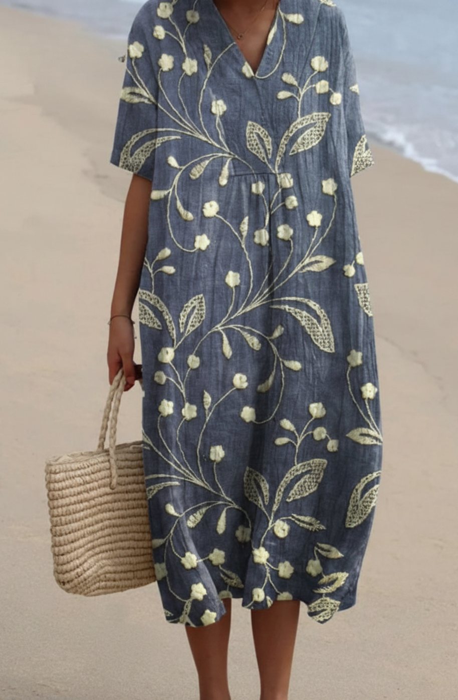Women's Floral Print V-Neck Short-Sleeve Midi Dress - Navy Blue