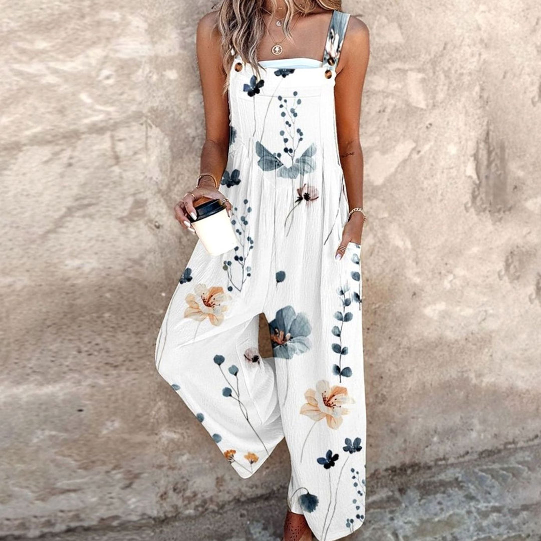 Women's Floral Print Wide-Leg Adjustable Strap Jumpsuit - White