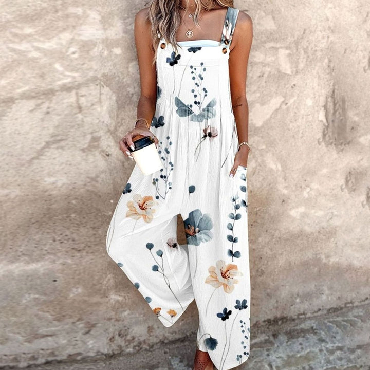 Women's Floral Print Wide-Leg Adjustable Strap Jumpsuit - White
