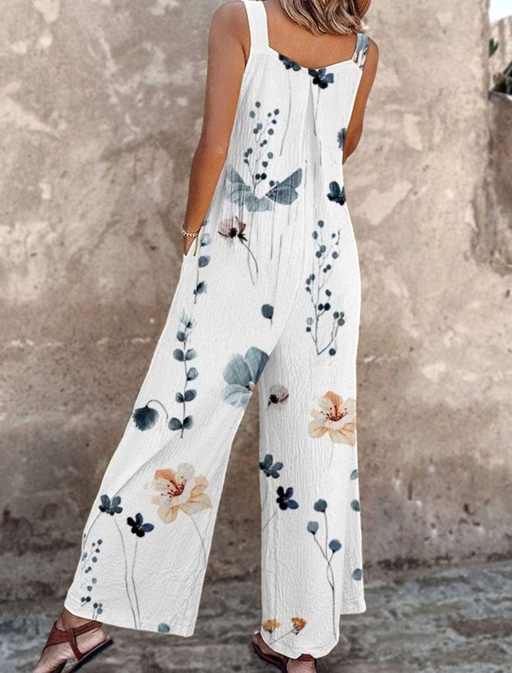 Women's Floral Print Wide-Leg Adjustable Strap Jumpsuit