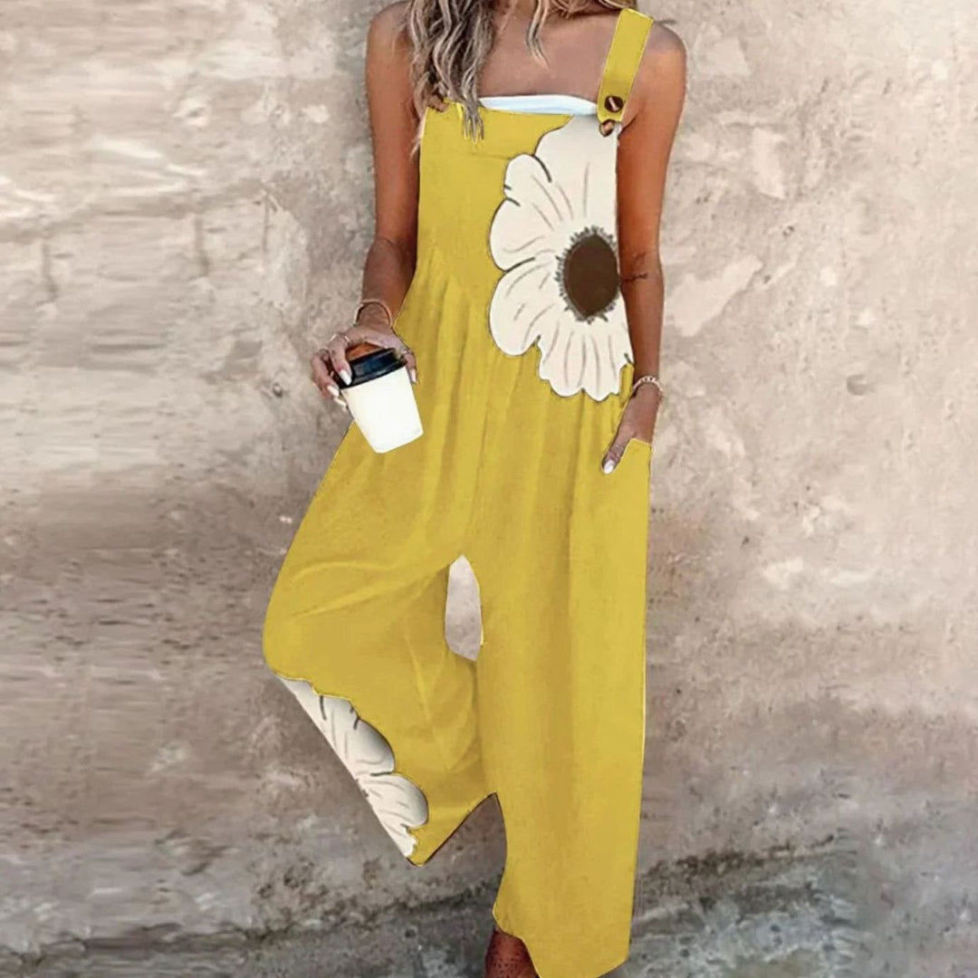 Women's Floral Print Wide-Leg Adjustable Strap Jumpsuit - Yellow