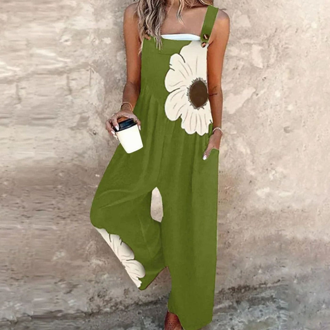 Women's Floral Print Wide-Leg Adjustable Strap Jumpsuit - Green