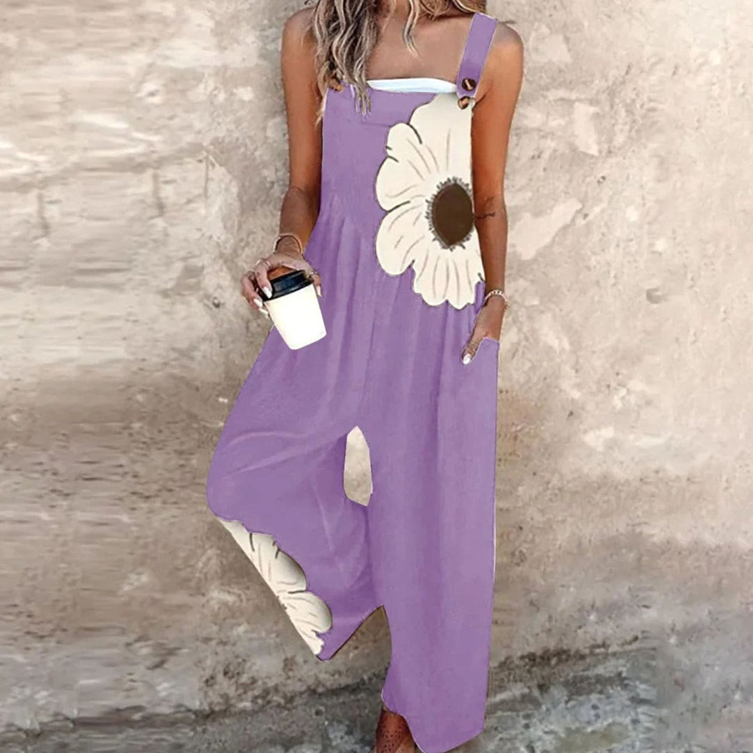 Women's Floral Print Wide-Leg Adjustable Strap Jumpsuit - Purple