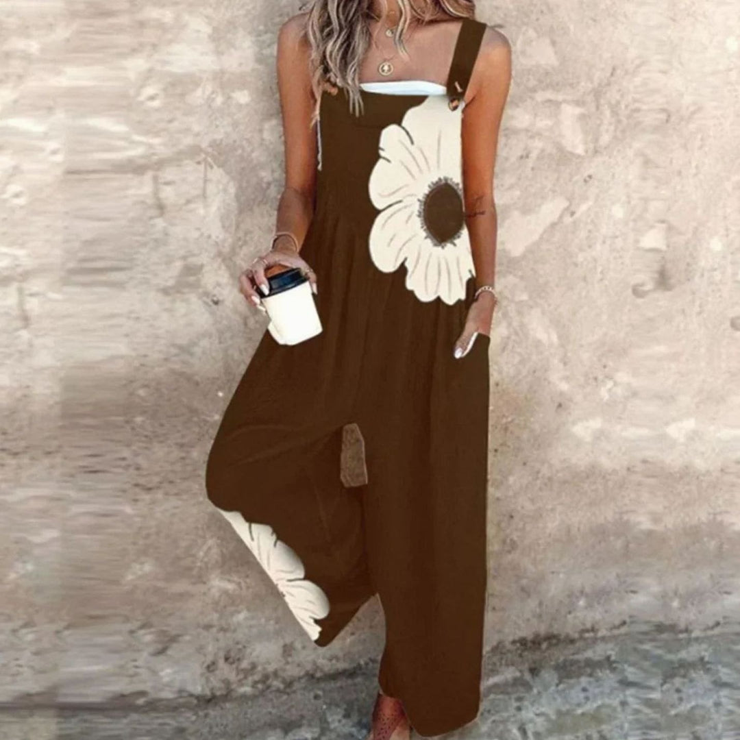 Women's Floral Print Wide-Leg Adjustable Strap Jumpsuit - Brown