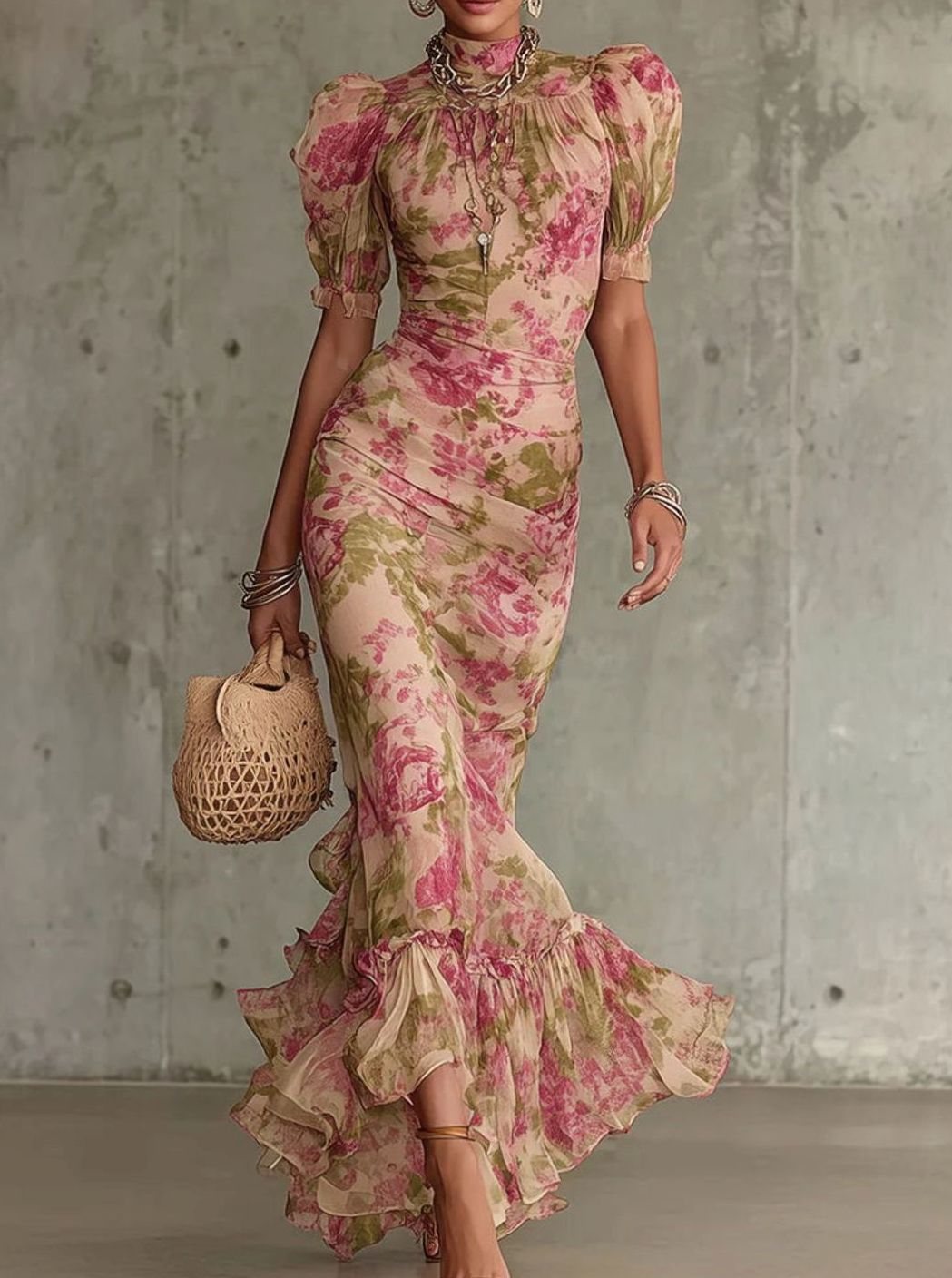 Women's Floral Ruffle-Hem Puff-Sleeve Mermaid Maxi Dress - Pink