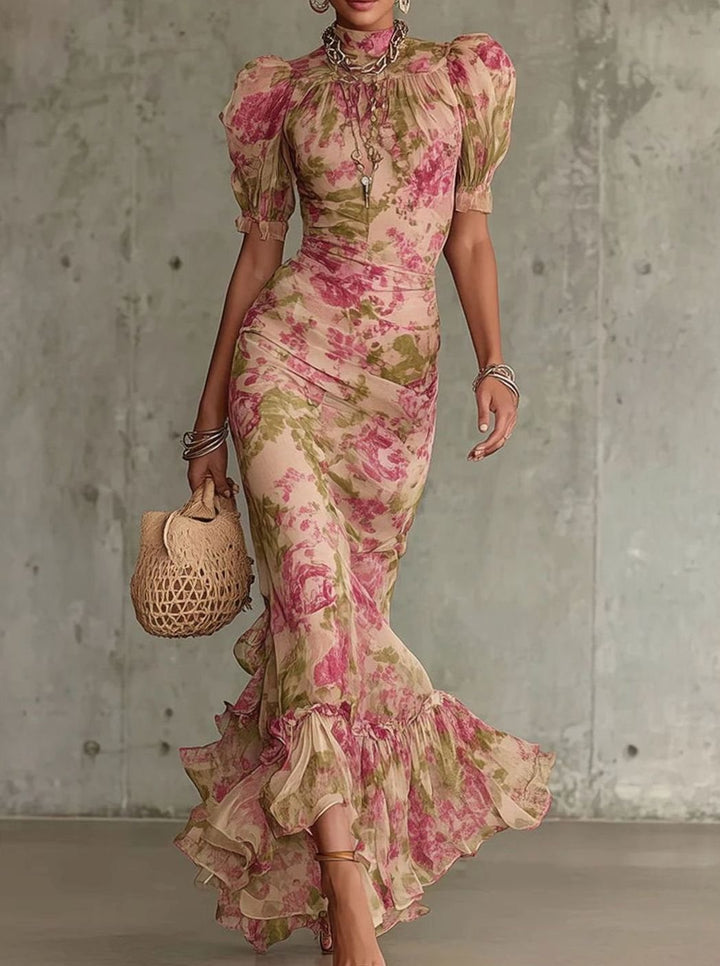 Women's Floral Ruffle-Hem Puff-Sleeve Mermaid Maxi Dress - Pink