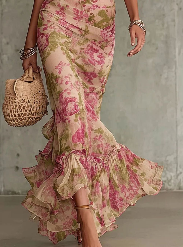 Women's Floral Ruffle-Hem Puff-Sleeve Mermaid Maxi Dress