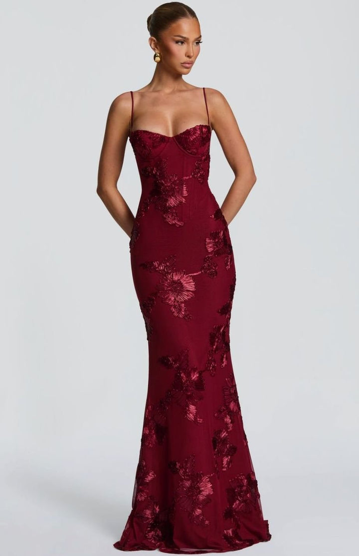 Women's Floral Sequin Open-Back Mermaid Maxi Dress - Burgundy