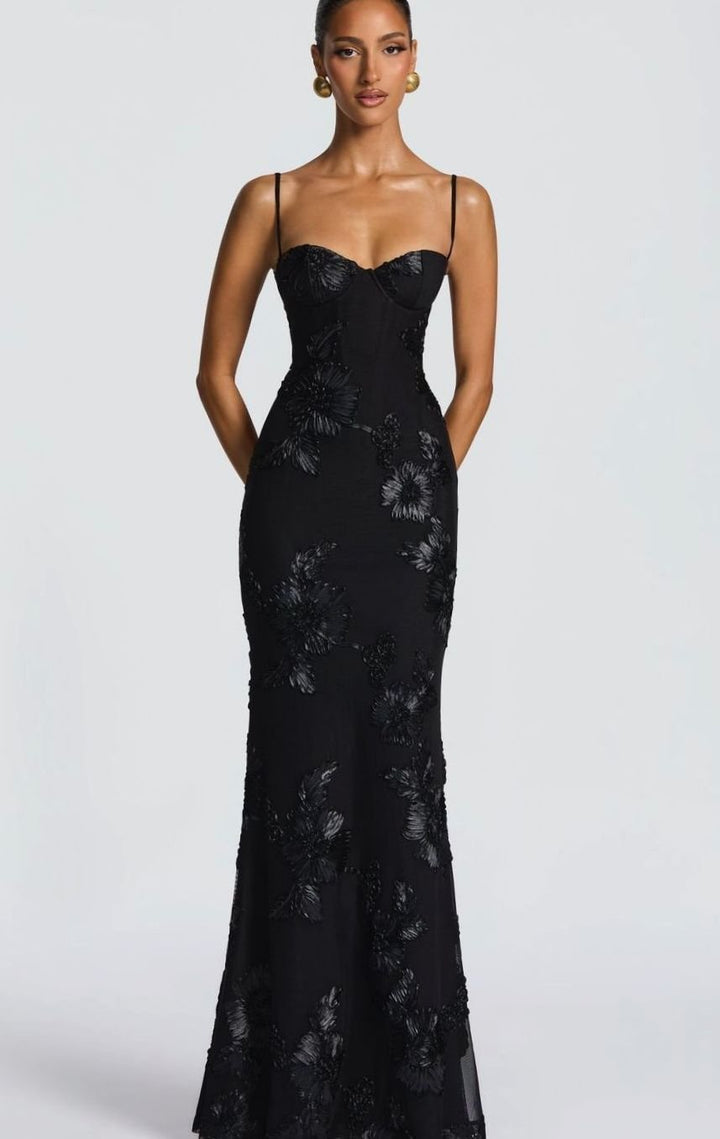 Women's Floral Sequin Open-Back Mermaid Maxi Dress - Black