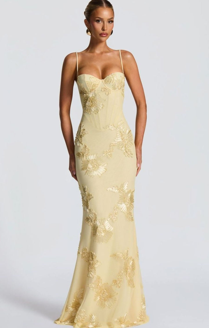 Women's Floral Sequin Open-Back Mermaid Maxi Dress - Yellow