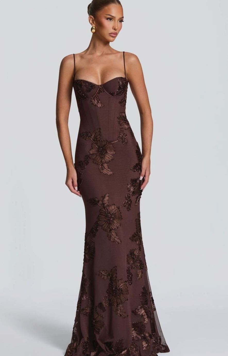 Women's Floral Sequin Open-Back Mermaid Maxi Dress - Brown