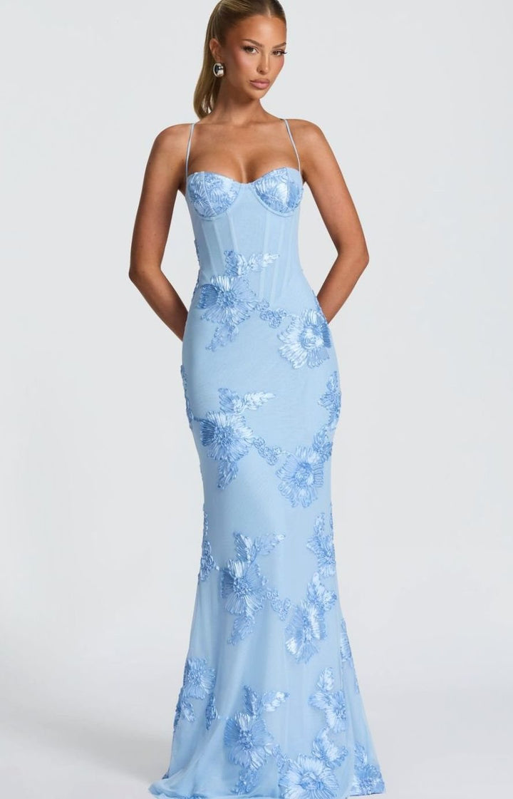 Women's Floral Sequin Open-Back Mermaid Maxi Dress - Blue