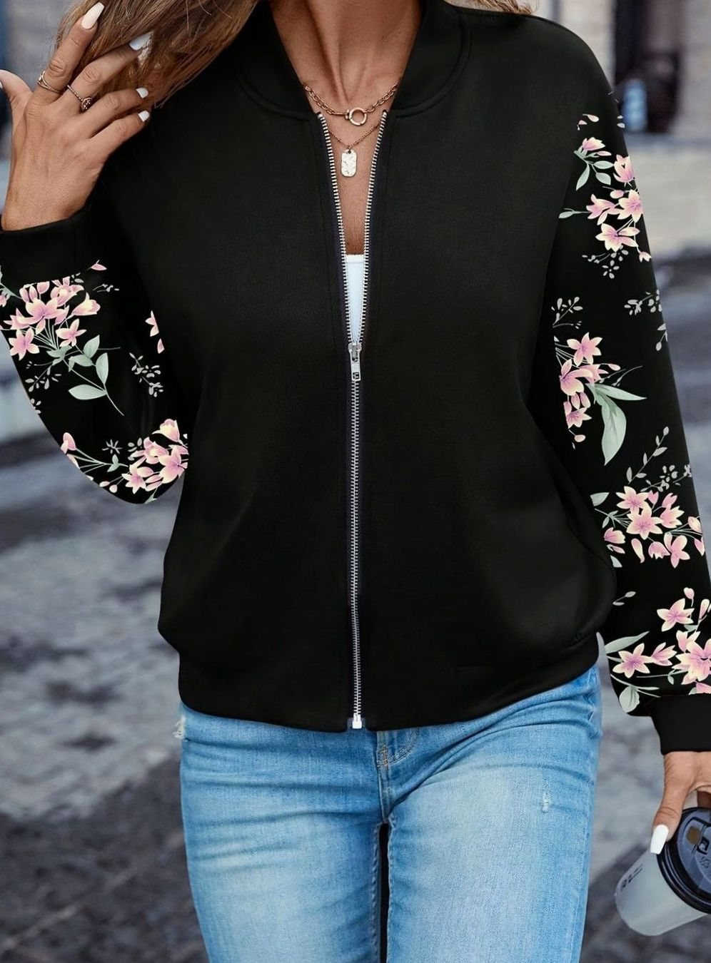 Women's Floral-Sleeve Full-Zip Bomber Jacket - Black