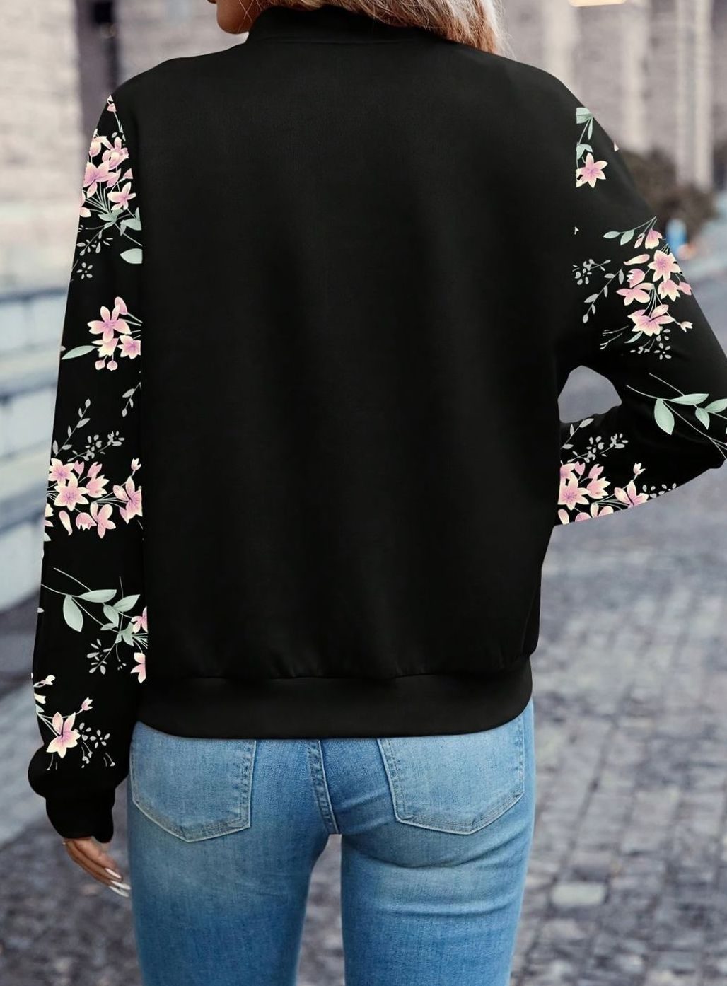 Women's Floral-Sleeve Full-Zip Bomber Jacket