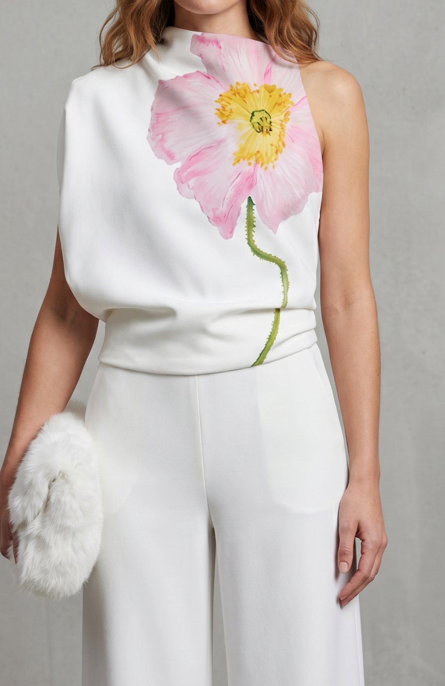 Women's Floral Sleeveless High-Neck Asymmetric Blouse, White - White