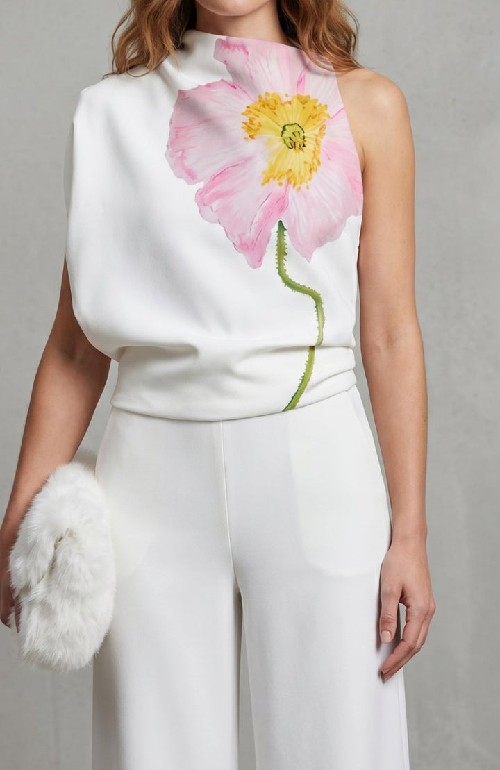 Women's Floral Sleeveless High-Neck Asymmetric Blouse, White - White