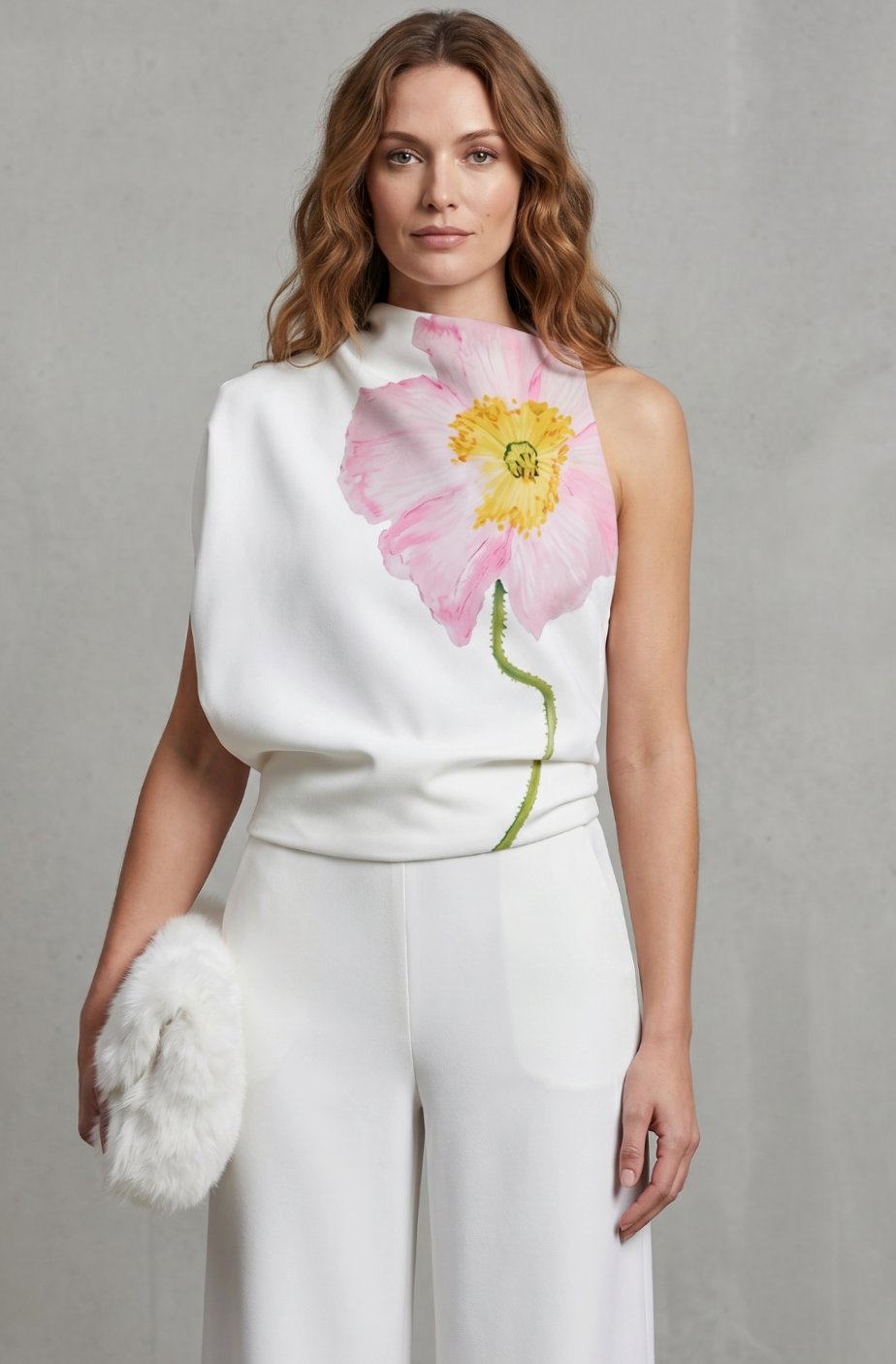 Women's Floral Sleeveless High-Neck Asymmetric Blouse, White