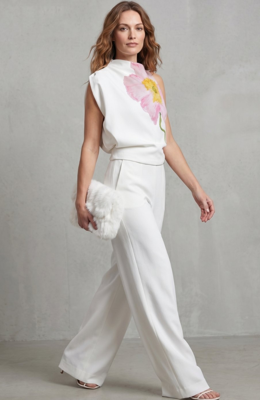 Women's Floral Sleeveless High-Neck Asymmetric Blouse, White