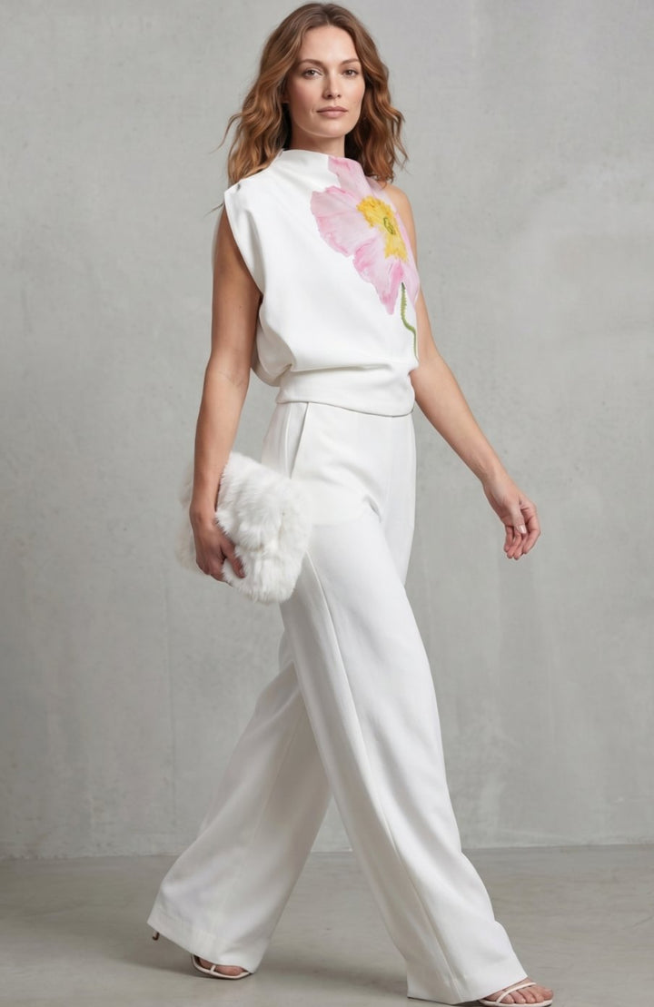 Women's Floral Sleeveless High-Neck Asymmetric Blouse, White