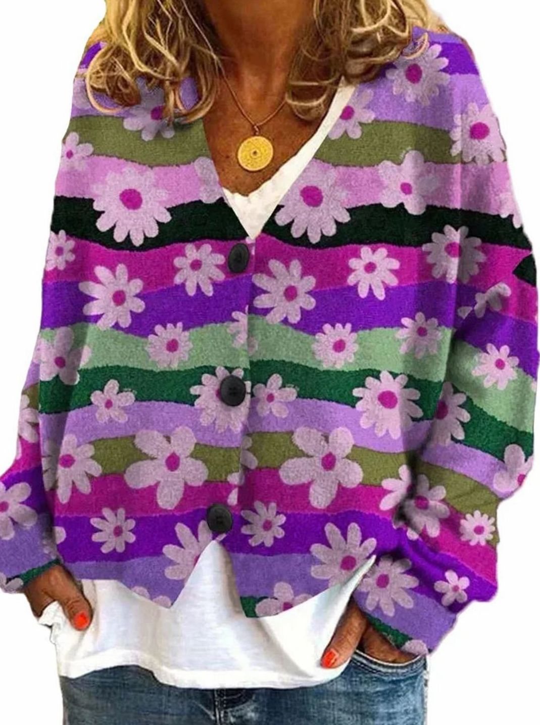 Women's Floral Striped Button-Front Oversized Cardigan - Purple