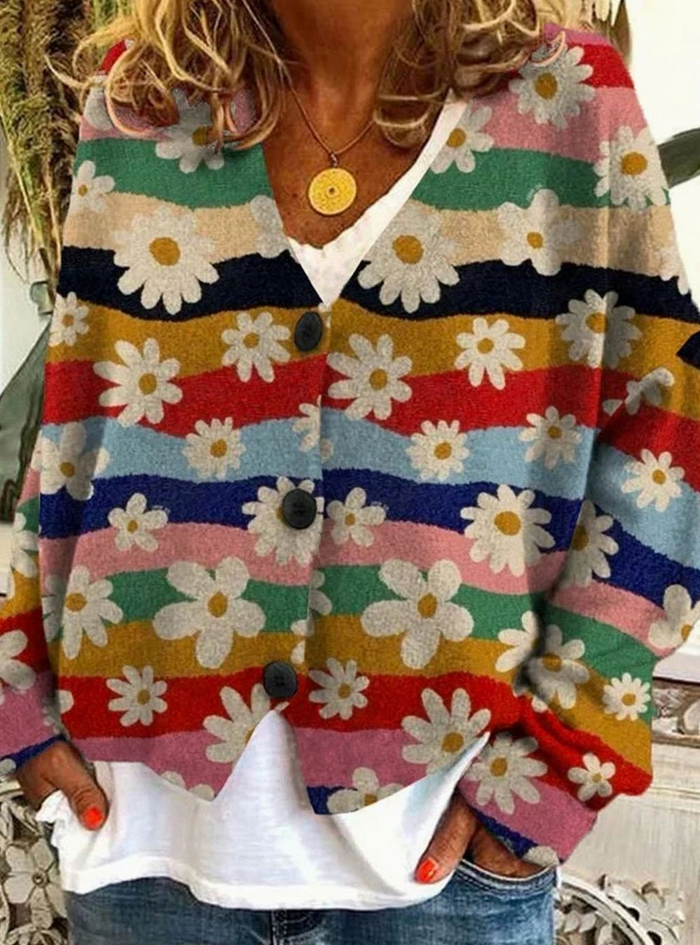 Women's Floral Striped Button-Front Oversized Cardigan - Turmeric