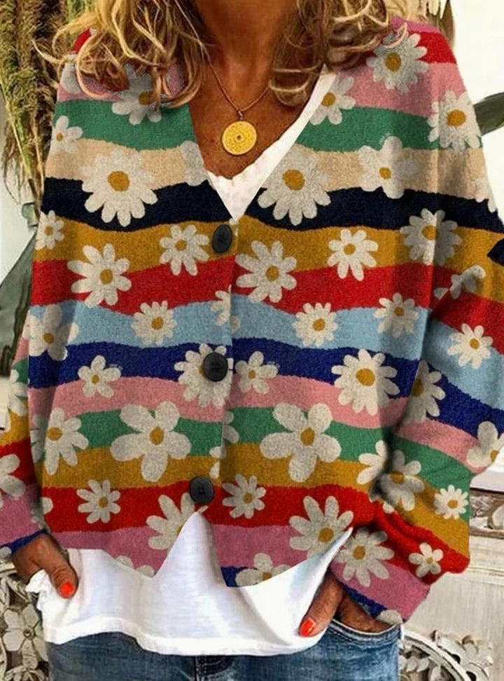 Women's Floral Striped Button-Front Oversized Cardigan - Turmeric