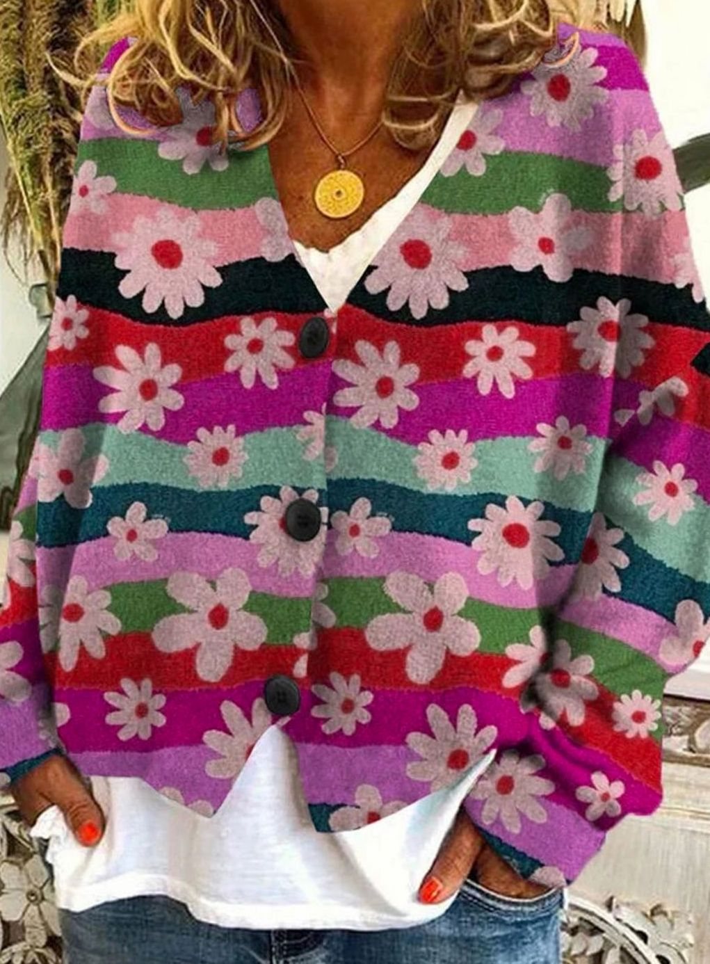 Women's Floral Striped Button-Front Oversized Cardigan - Pink Violet