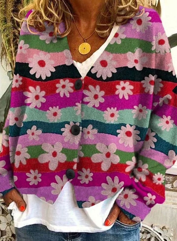 Women's Floral Striped Button-Front Oversized Cardigan - Pink Violet