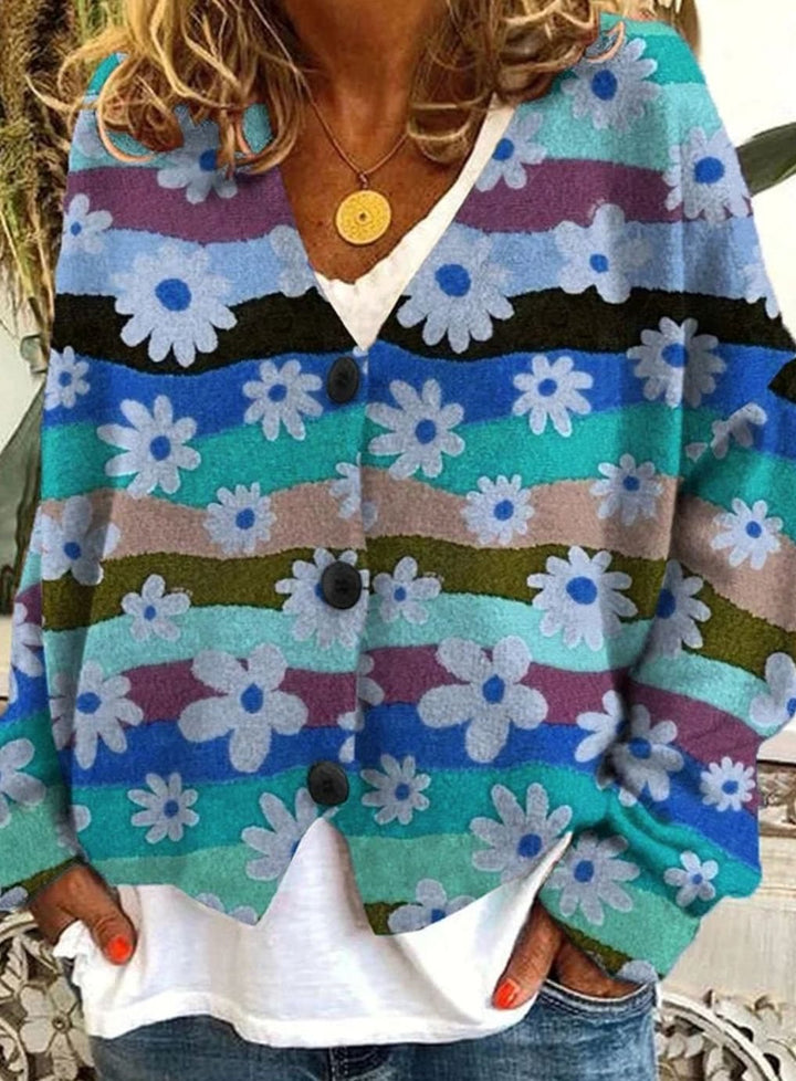 Women's Floral Striped Button-Front Oversized Cardigan - Blue